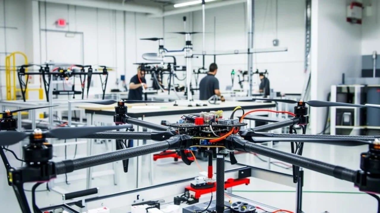 A large drone undergoing integration in a manufacturing facility.