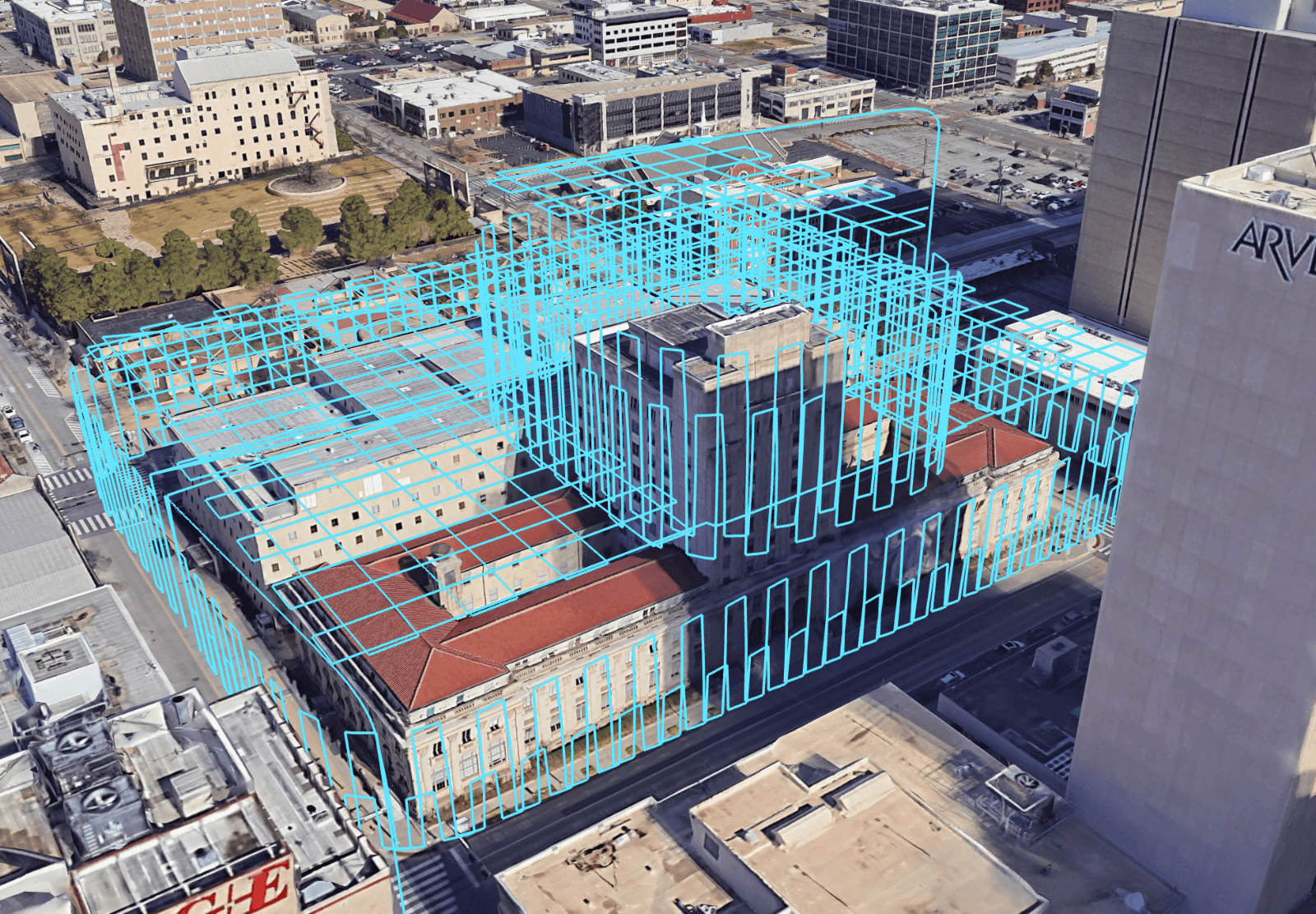 A digital twin model mapped across an urban building complex.