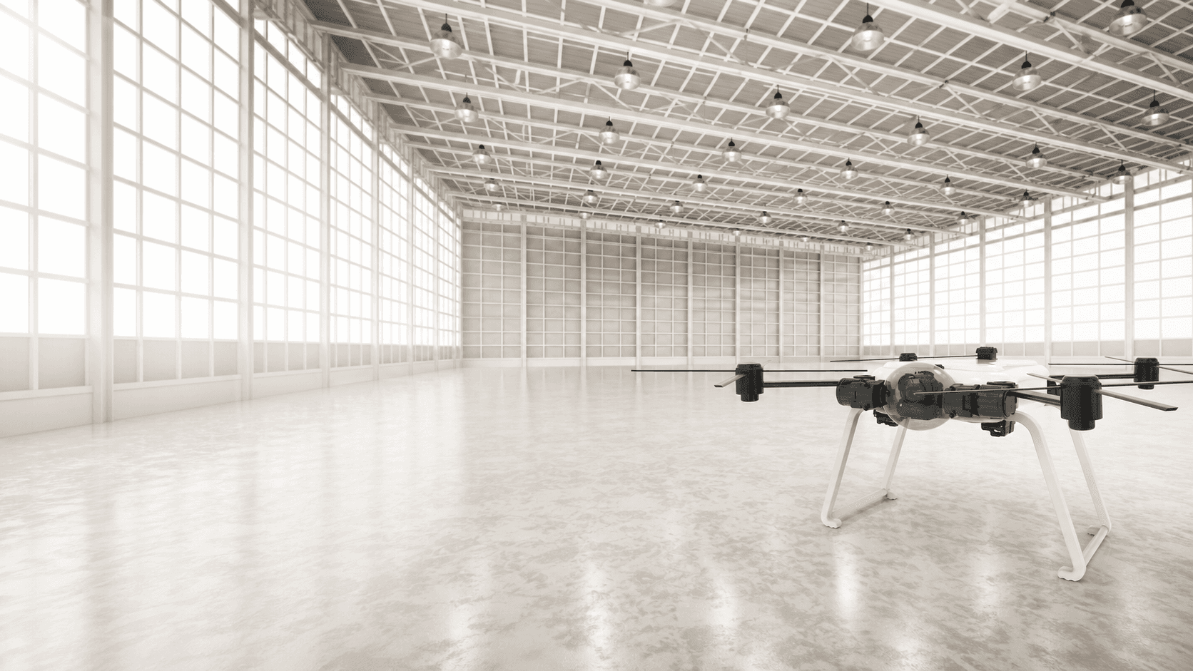 Drone aircraft in an advanced testing and manufacturing environment.